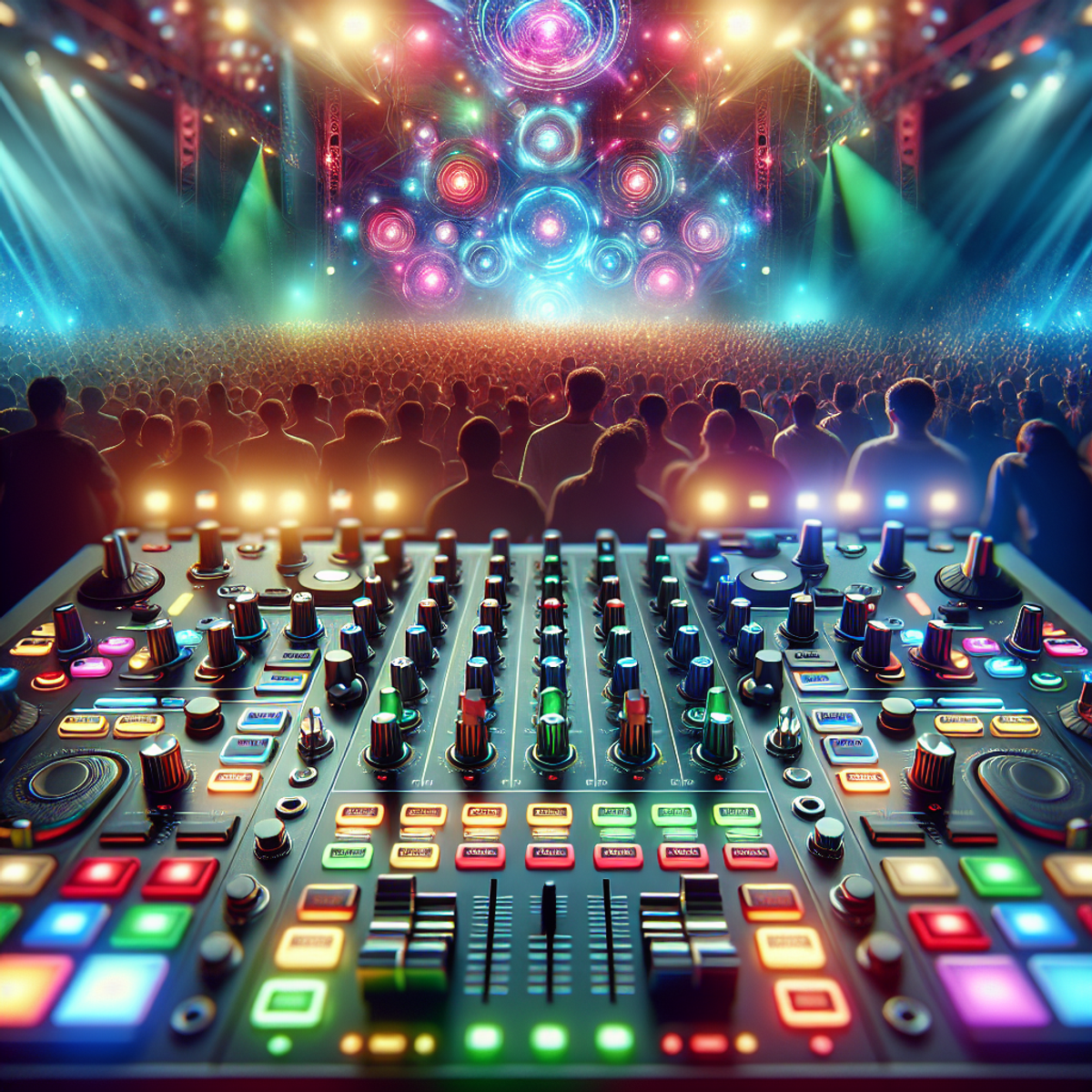 A DJ controller with colorful LED lights in the foreground, while a diverse and energetic crowd fills the background of a lively music performance.