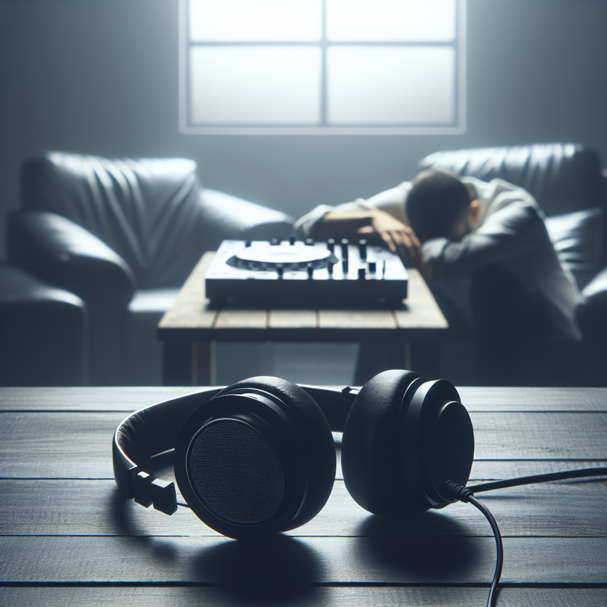 A pair of DJ headphones lying on a worn-out table, surrounded by dim lighting and empty energy drink cans.