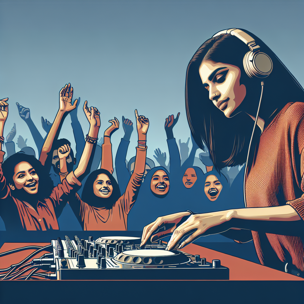 A confident South Asian female DJ performing on stage with a diverse, cheering crowd in the background.