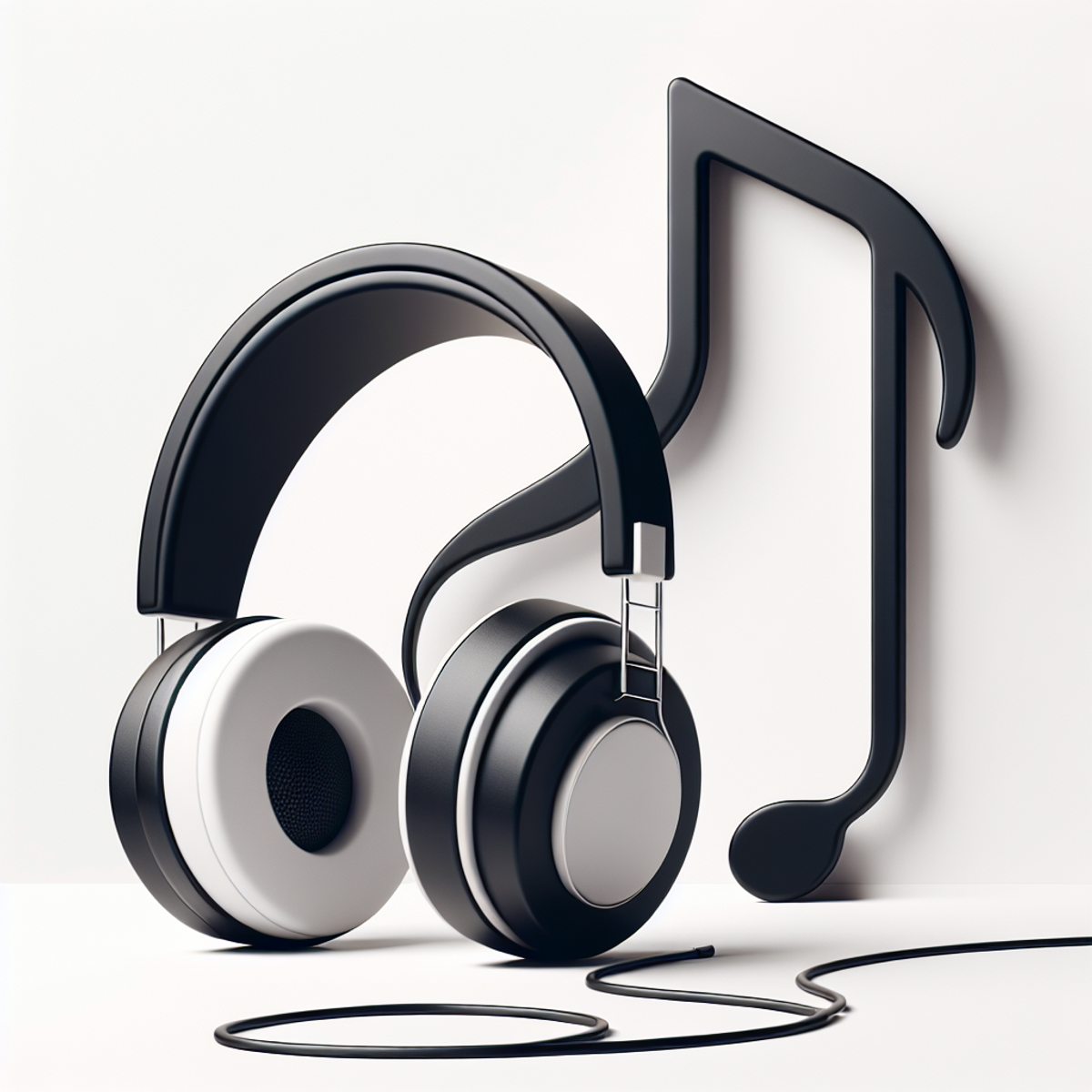 A pair of black DJ's headphones placed next to a black music note symbol on a white background.