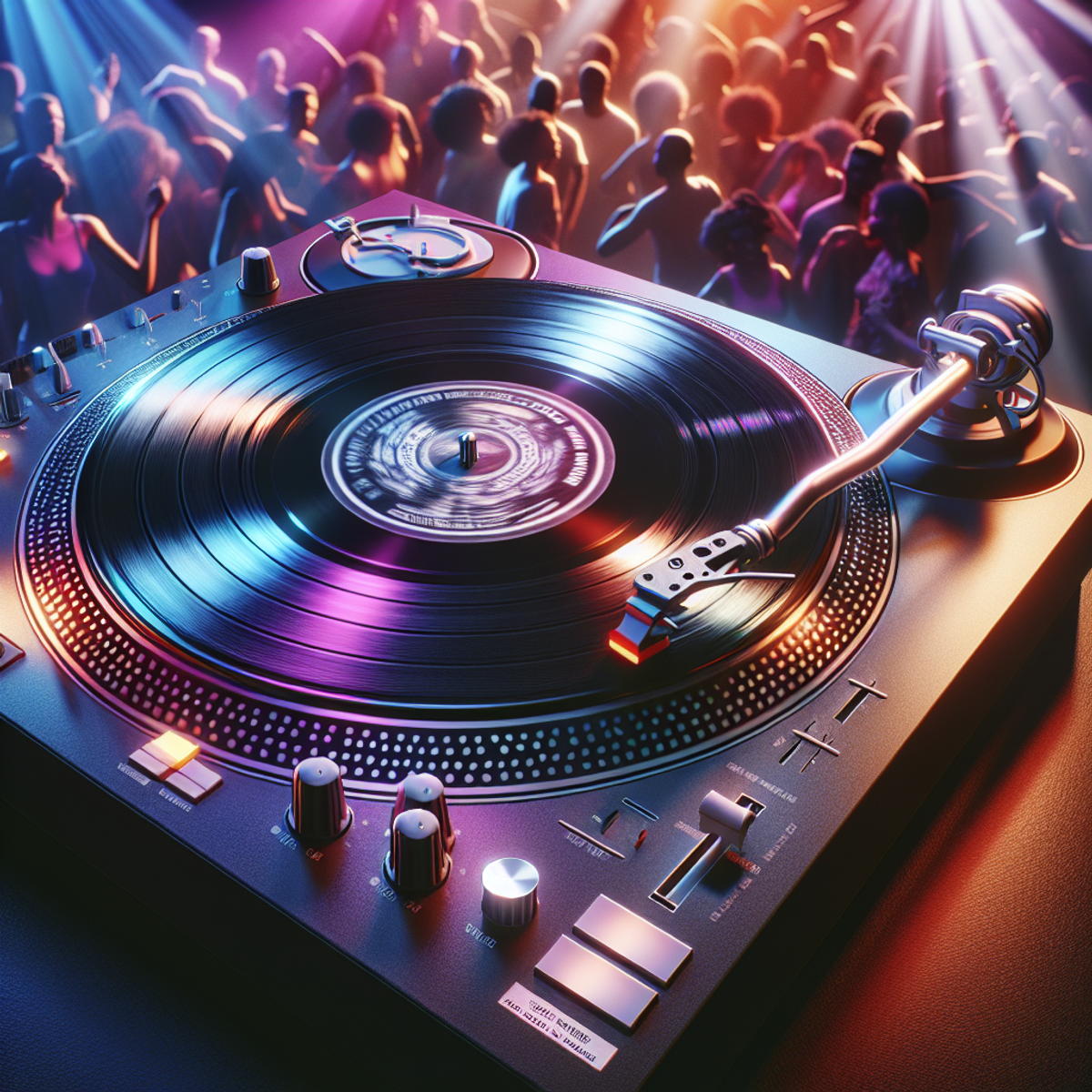 A DJ turntable with a vinyl record spinning, surrounded by vibrant, colorful lighting, and a multicultural crowd dancing passionately in the background.