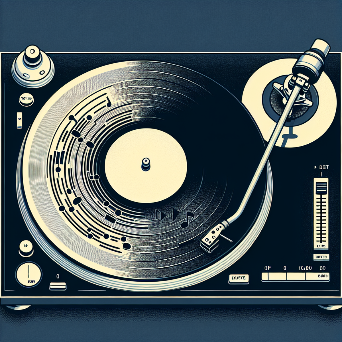 A minimalist image of a DJ's turntable with vinyl records, tonearm, and mixer, symbolizing the art of seamlessly blending music.