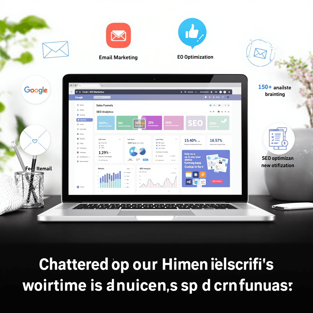 Laptop showing a sleek website dashboard with sales funnels and SEO analytics, surrounded by icons for email marketing, SEO, and website building tools.