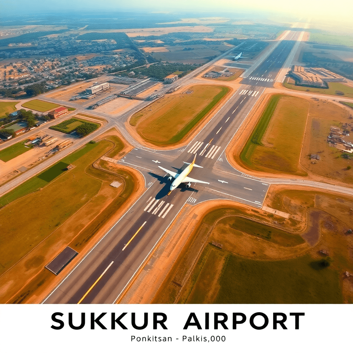 Aerial view of Sukkur Airport with its runway, airplanes in motion, and surrounding landscape, showcasing the region's travel significance and natural beauty.