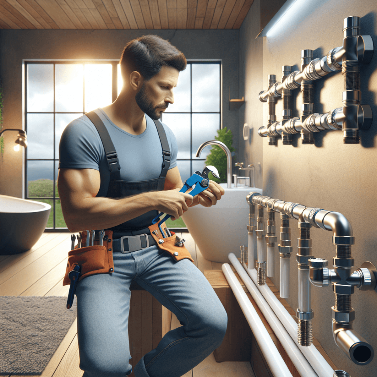 A Hispanic plumber is focused on installing SharkBite fittings on PEX pipes in a bright and modern bathroom. The scene showcases the user-friendly design of the fittings and the sleek, colorful PEX pipes, with natural light illuminating the clean and inviting space.