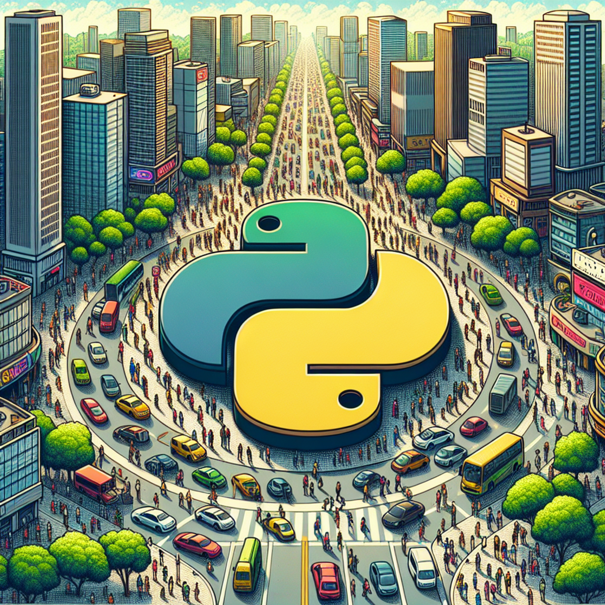 A bustling cityscape with skyscrapers, busy roads, diverse people, and trees. A Python programming language logo is subtly incorporated into the scene with bluish-green and yellow colors.