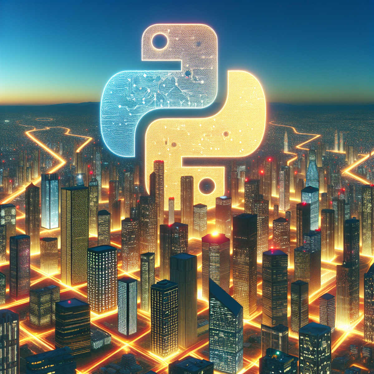 A futuristic cityscape with glowing high-tech buildings, incorporating the Python programming language's logo and showcasing the city's growth and potential.