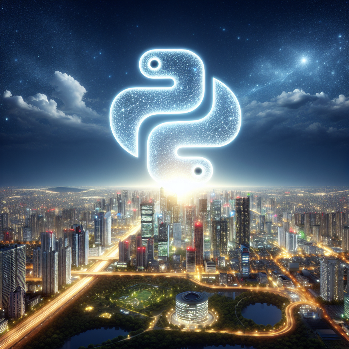 A sustainable city skyline at night with Python logo in the sky.