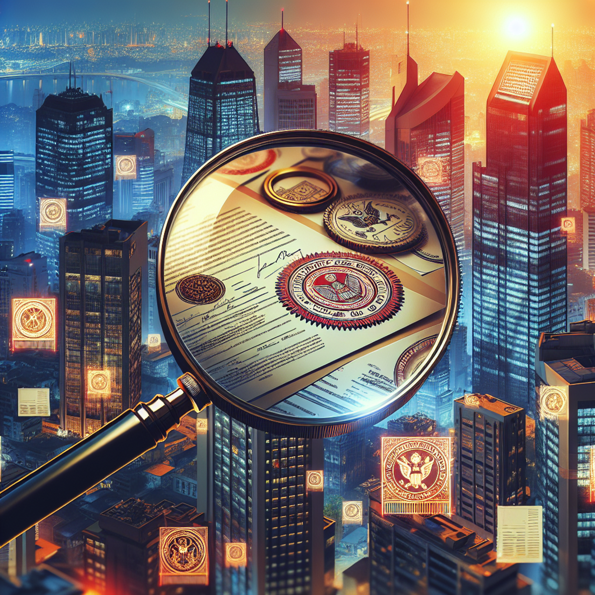 A magnifying glass hovers over official-looking documents in a vibrant cityscape.