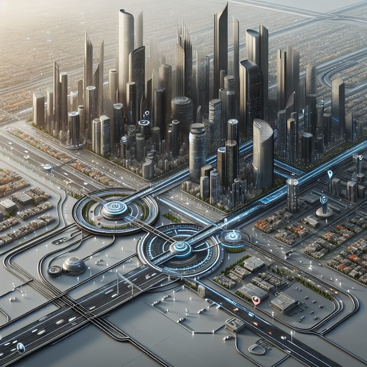 Futuristic cityscape with interconnected devices and hyperfast transportation systems.