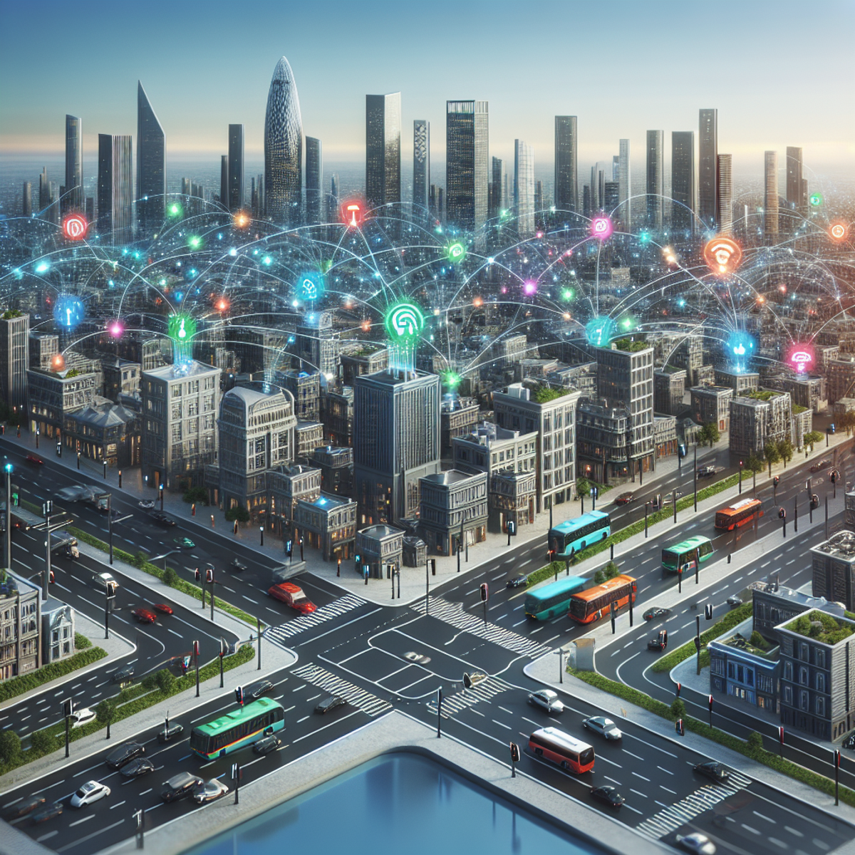 A futuristic cityscape with interconnected devices and data flow.