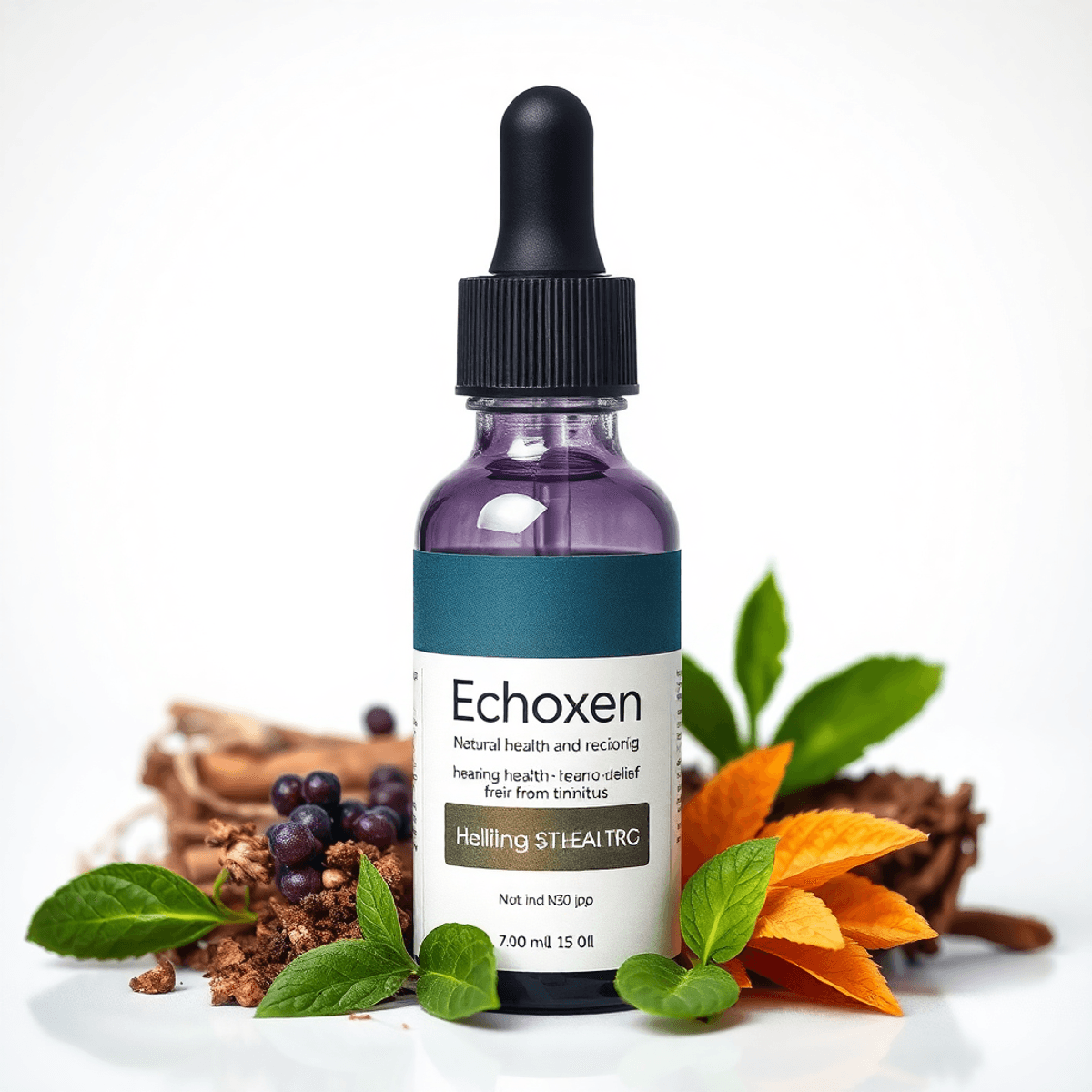 Close-up of a sleek "Echoxen" ear drop bottle surrounded by herbs and leaves on a bright background, symbol...