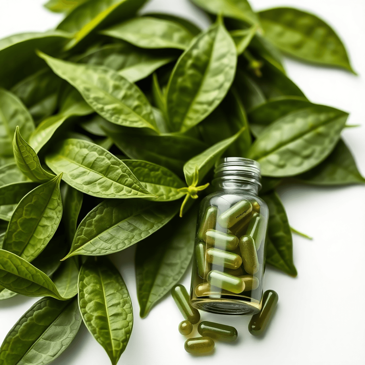 Close-up of fresh green tea leaves next to a small glass bottle of green tea extract capsules on a white ba...