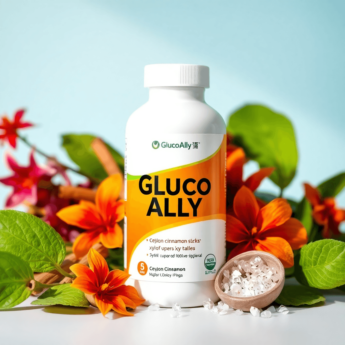 A bottle of Gluco Ally dietary supplement surrounded by Ceylon cinnamon sticks, saffron flowers, and xylito...