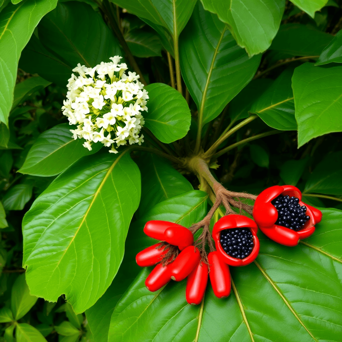 A lush Amazon rainforest scene featuring a Guaraná plant with large leaves, delicate white flowers, and bri...