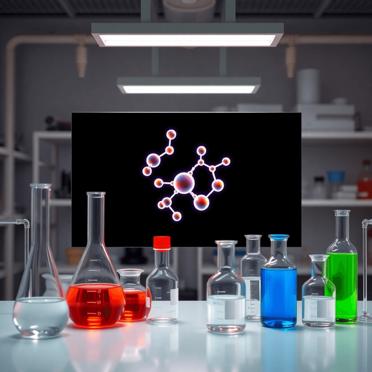 Modern laboratory with glass beakers, digital chemical structures, and neatly arranged scientific equipment...