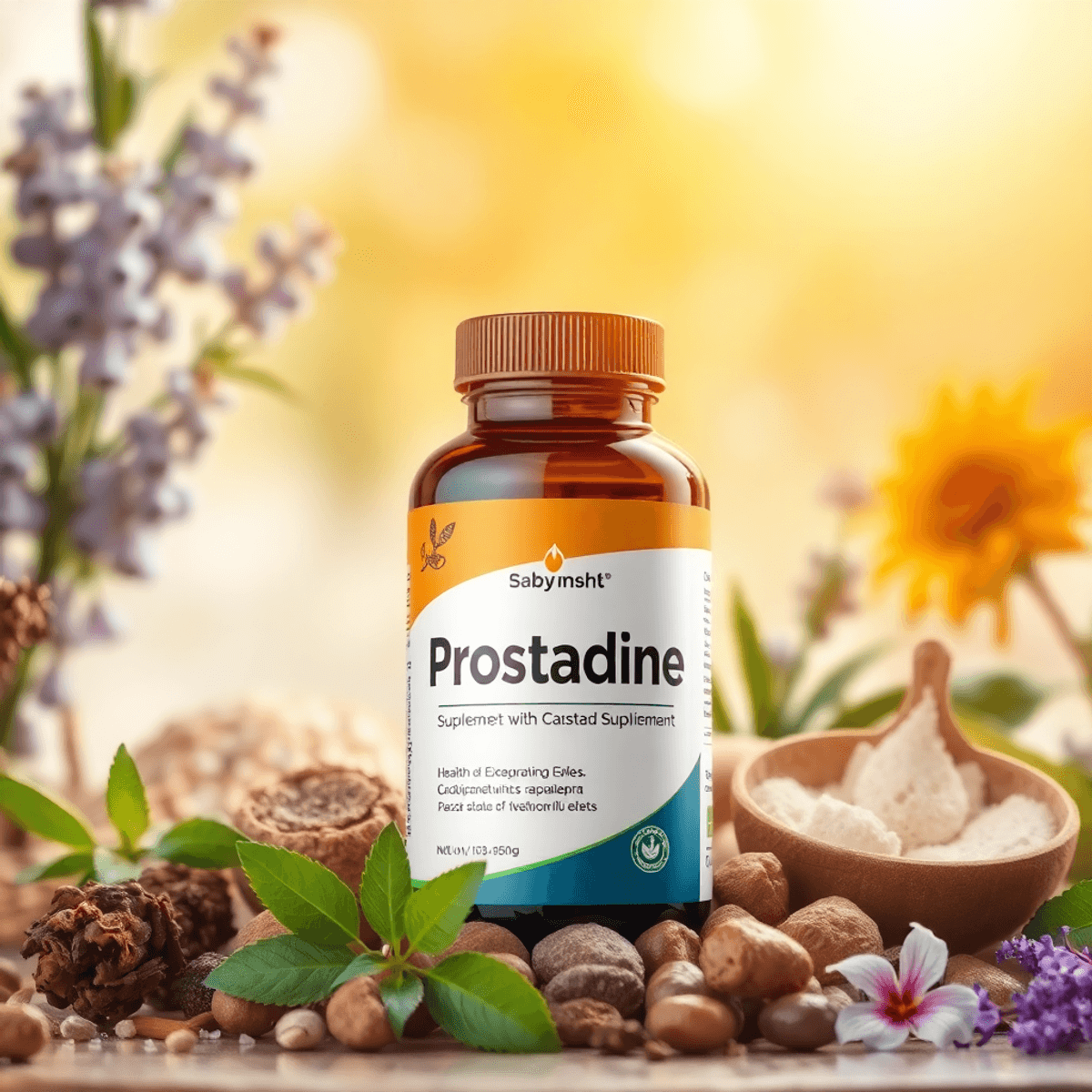 A bottle of Prostadine supplement surrounded by fresh herbs and plants, set against a bright, uplifting bac...