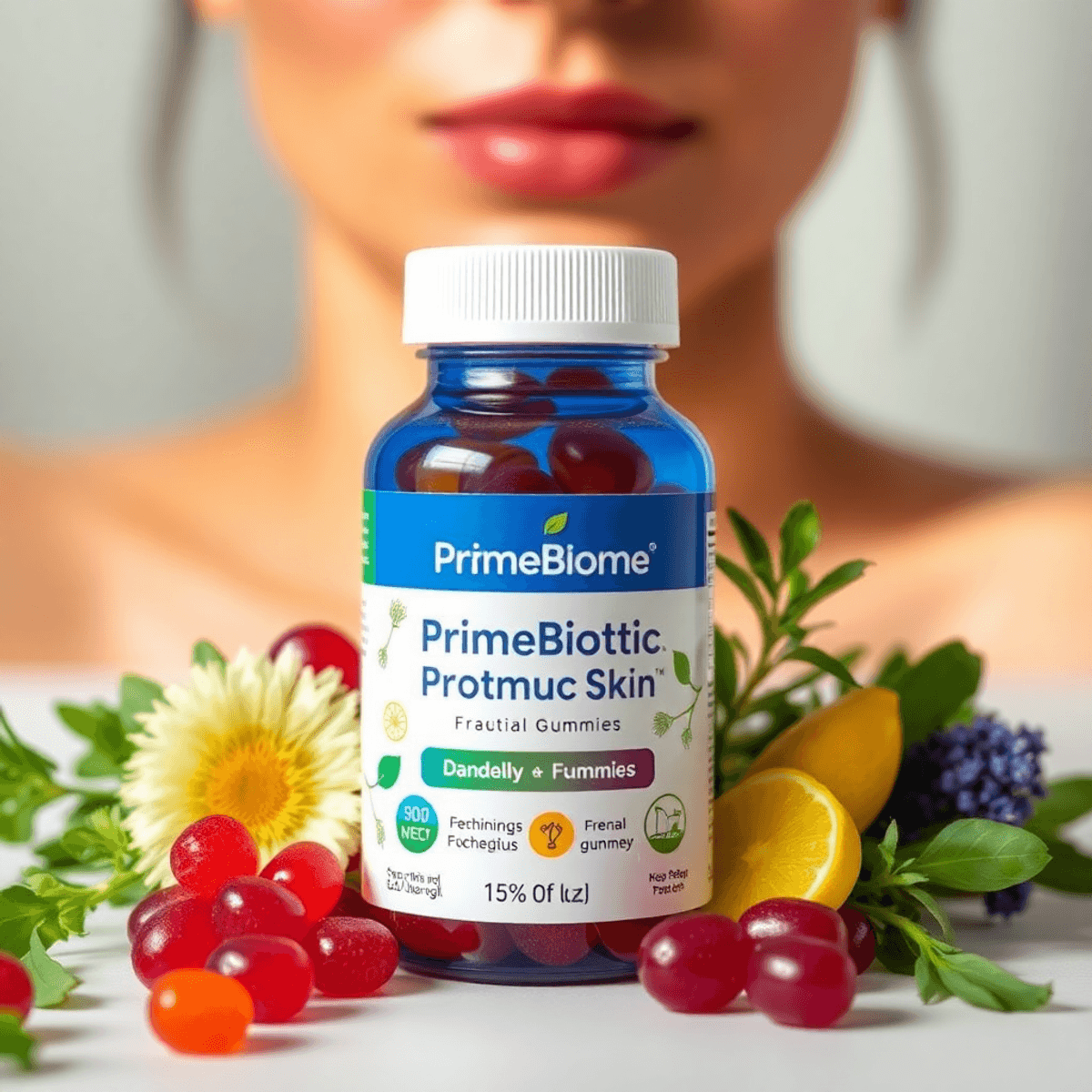 A bottle of PrimeBiome probiotic gummies surrounded by fresh Dandelion and Fennel, with a softly blurred ba...