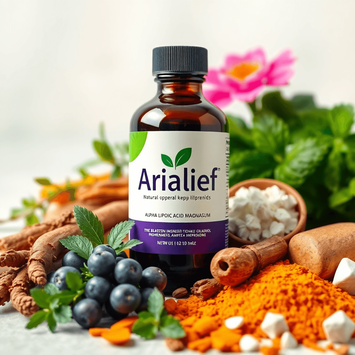 A natural supplement bottle labeled "Arialief" surrounded by fresh herbs, turmeric, and other ingredients o...
