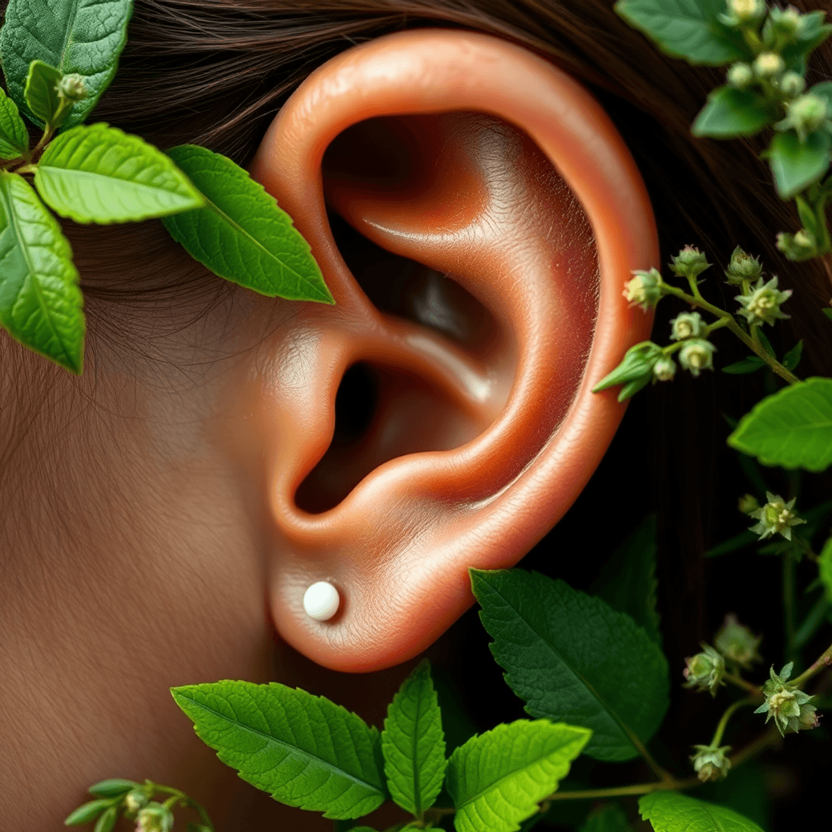 Close-up of an ear surrounded by leaves and herbs, symbolizing natural and holistic hearing health support.