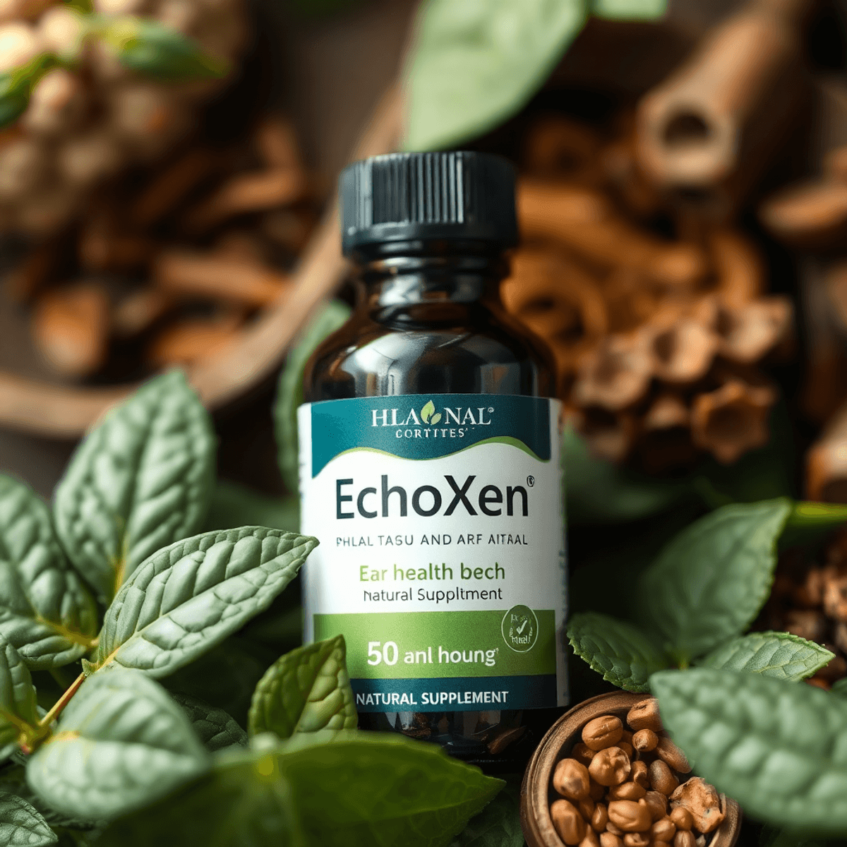 Close-up of EchoXen supplement bottle surrounded by green leaves and plant extracts, symbolizing ear health...