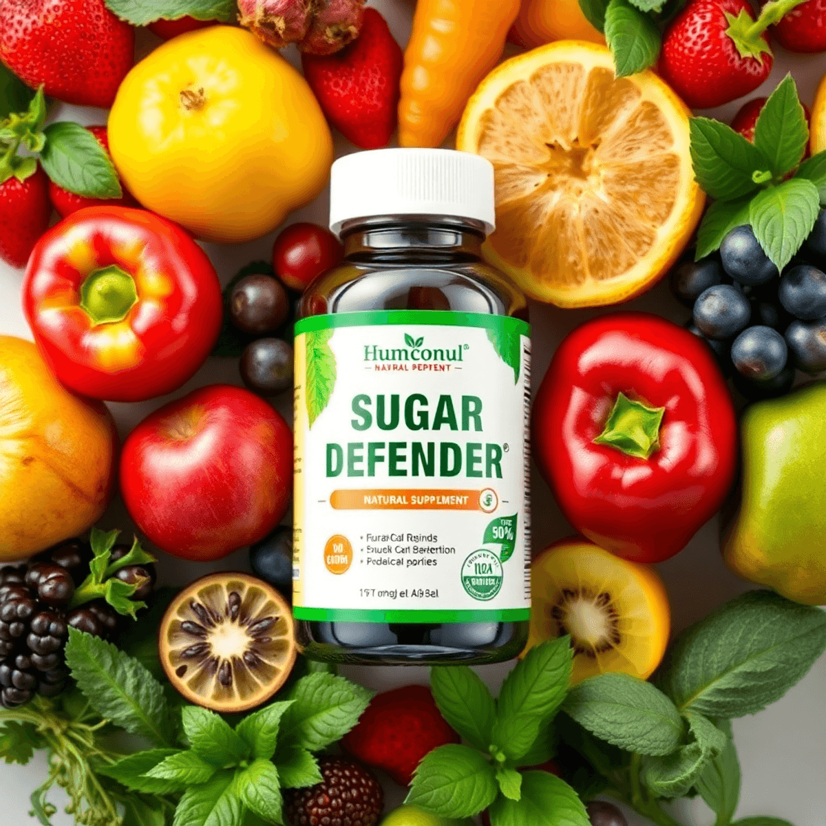 A bottle of "Sugar Defender" surrounded by fresh fruits and herbs on a clean background, highlighting its n...