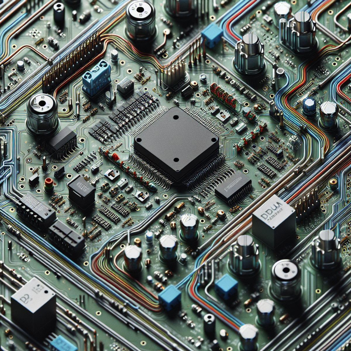 A close-up image of a circuit board with various sensors and wires intricately interconnected, showcasing the precision and complexity of technology in indoor air quality monitoring.