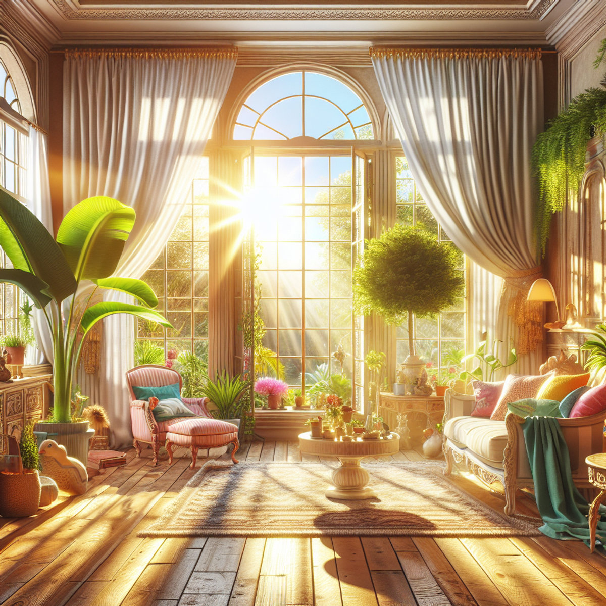 A sunlit room with ornate furniture, colorful decor, a lush indoor plant, and billowing curtains.