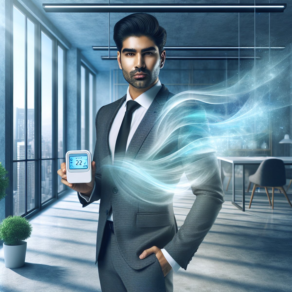 A South-Asian man in professional attire confidently holding an indoor air quality monitor in a modern office space with open windows, clean and fresh air, indoor plants, and rays of sunlight pouring in.