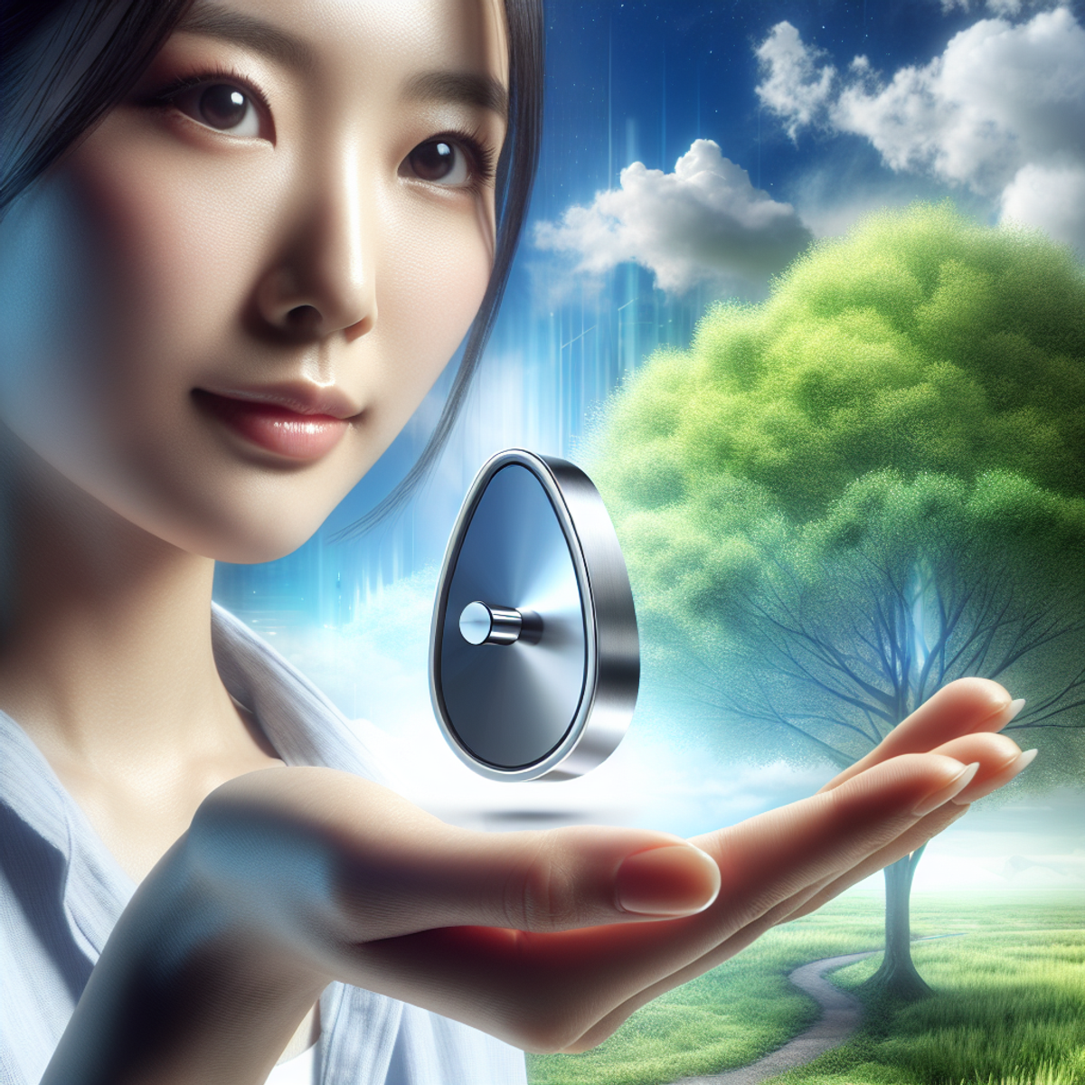 An Asian female hand gently holding a small, sleek sensor device against a backdrop of healthy, leafy trees and a vibrant blue sky with fluffy white clouds.