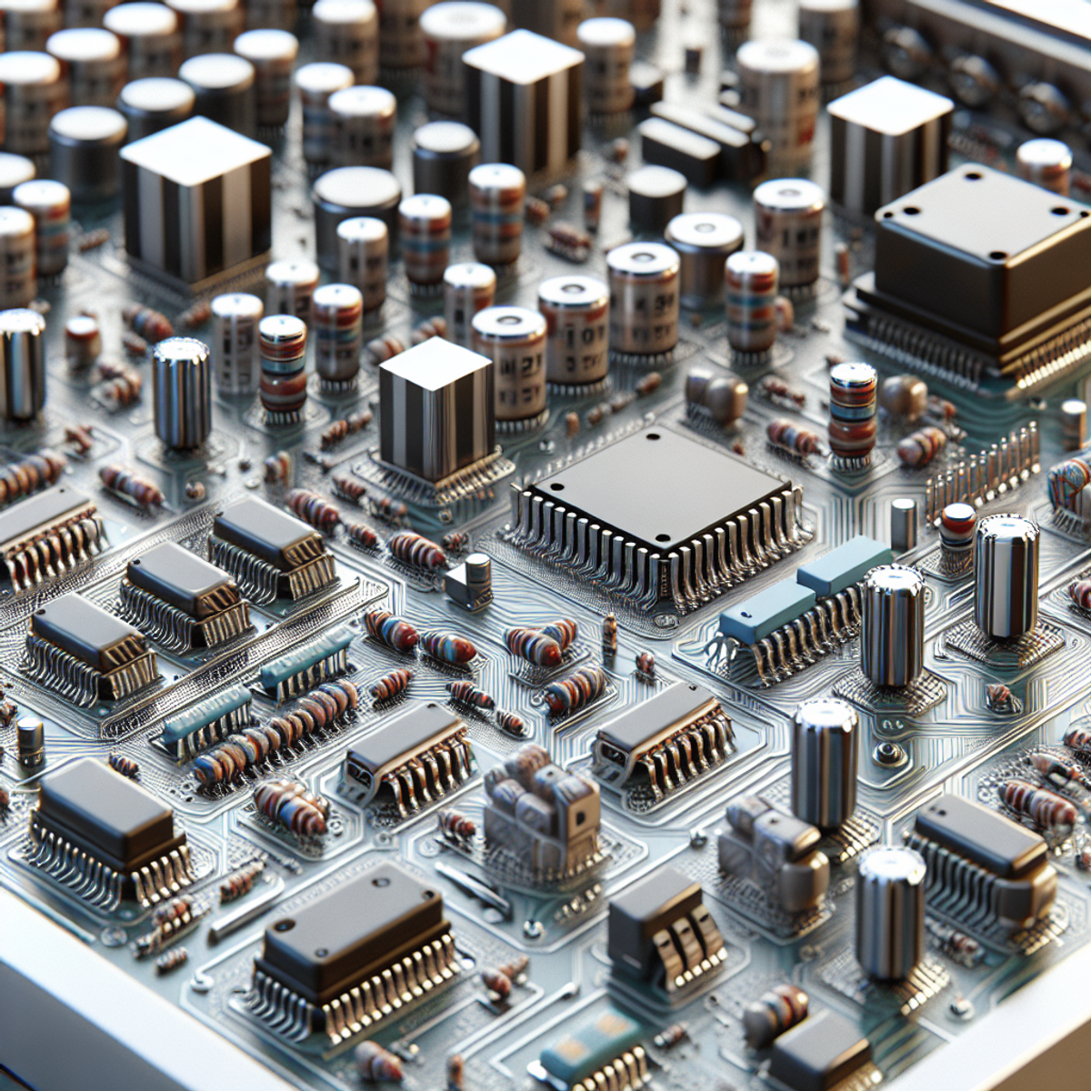 A close-up view of a circuit board with electronic components such as resistors, capacitors, integrated circuits, and transistors arranged in a detailed pattern.