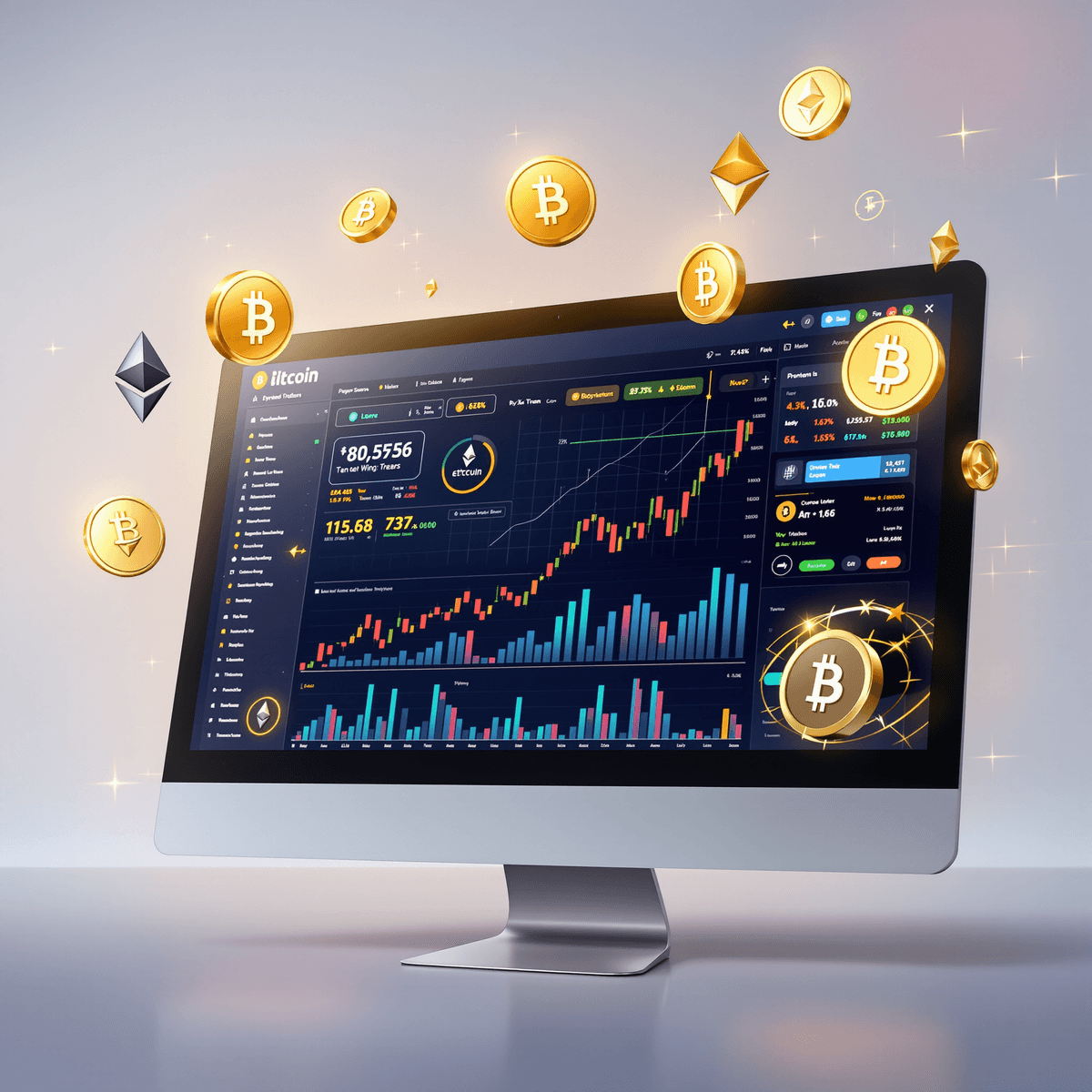 A modern cryptocurrency trading interface on a computer screen displays upward-trending charts and symbols of Bitcoin and Ethereum, set against a sleek tech-inspired background.