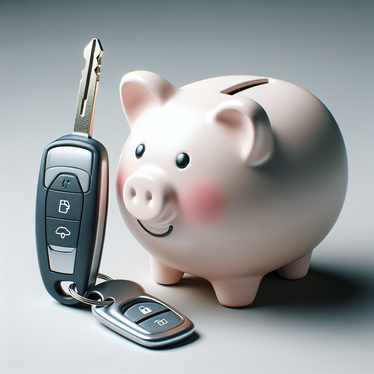 A silver car key unlocking a piggy bank.