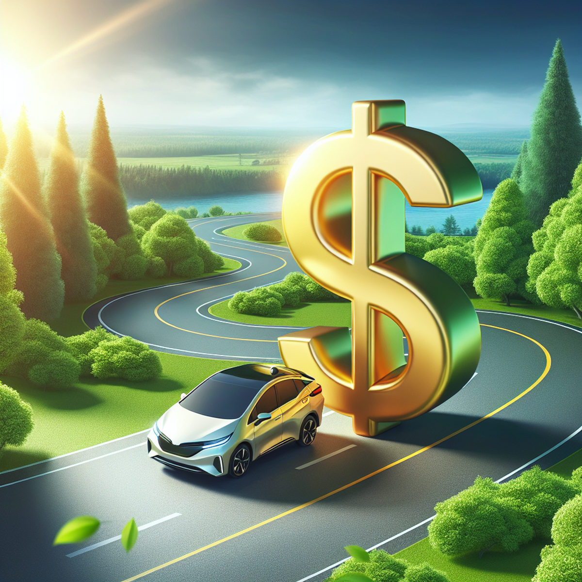 A fuel-efficient car driving on a winding road with a large golden dollar sign nearby.
