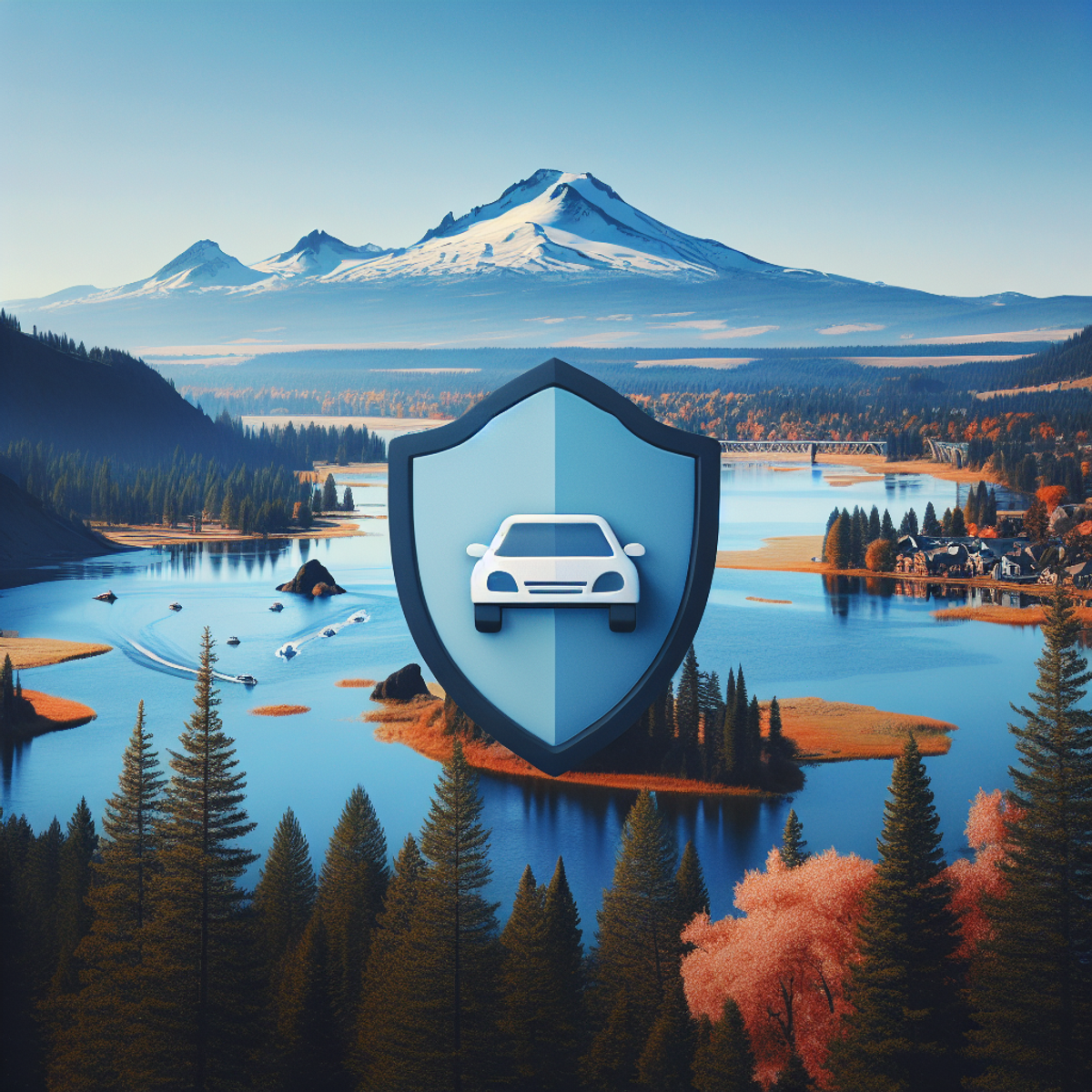A scenic landscape of Bend, Oregon with the Deschutes River flowing through, snow-capped Cascade Mountains in the background, and a car and a shield symbolizing protection subtly placed in the foreground.