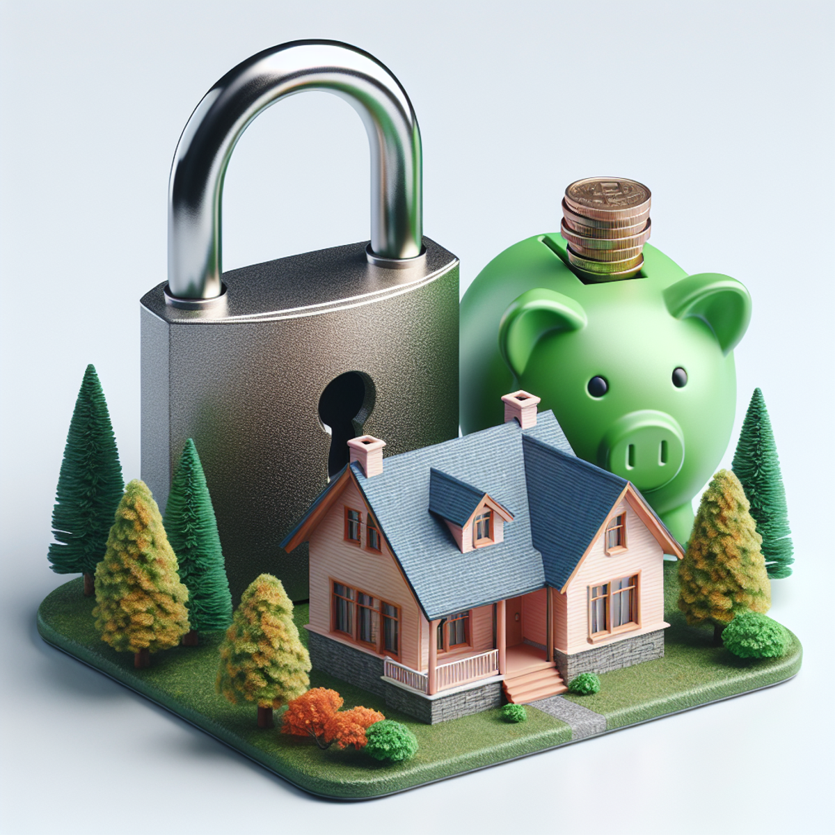 Cozy, sturdy house nestled among lush greenery with a large, untarnished padlock hovering above it, unlocked, and a small, prominent piggy bank nearby, painted green and stuffed with coins.