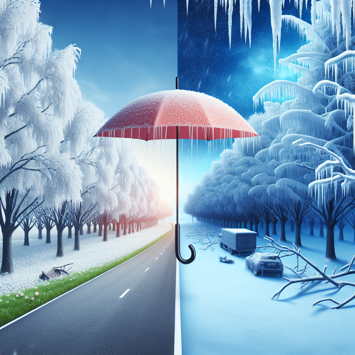 An icy landscape with sleet-covered trees, an open umbrella straddling serene and storm-ravaged scenes.