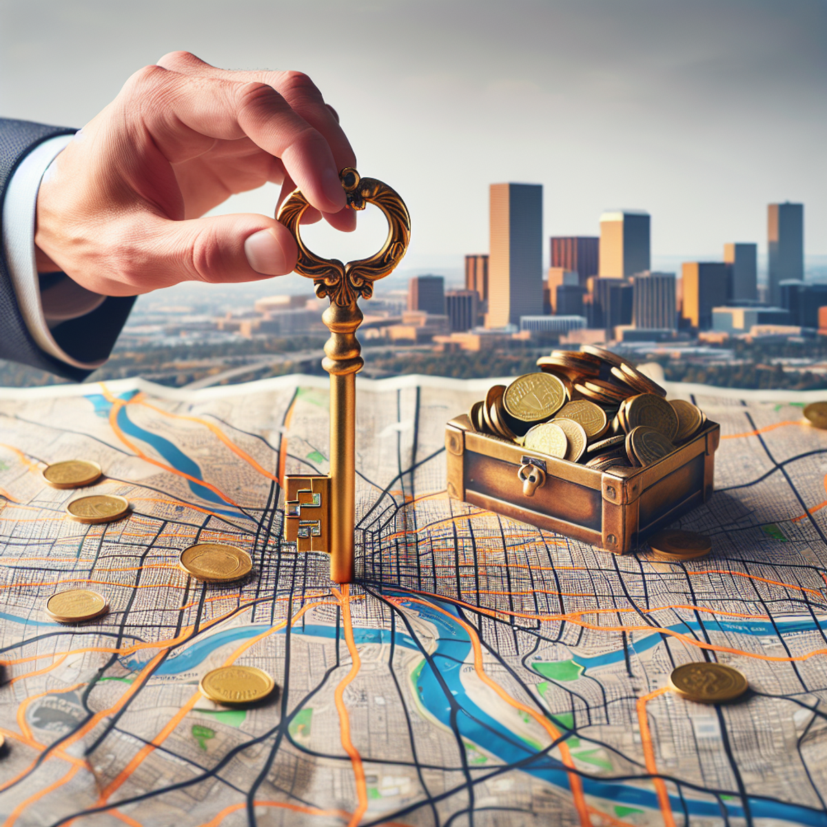 Golden key turning on a paper map with cityscape in the background.