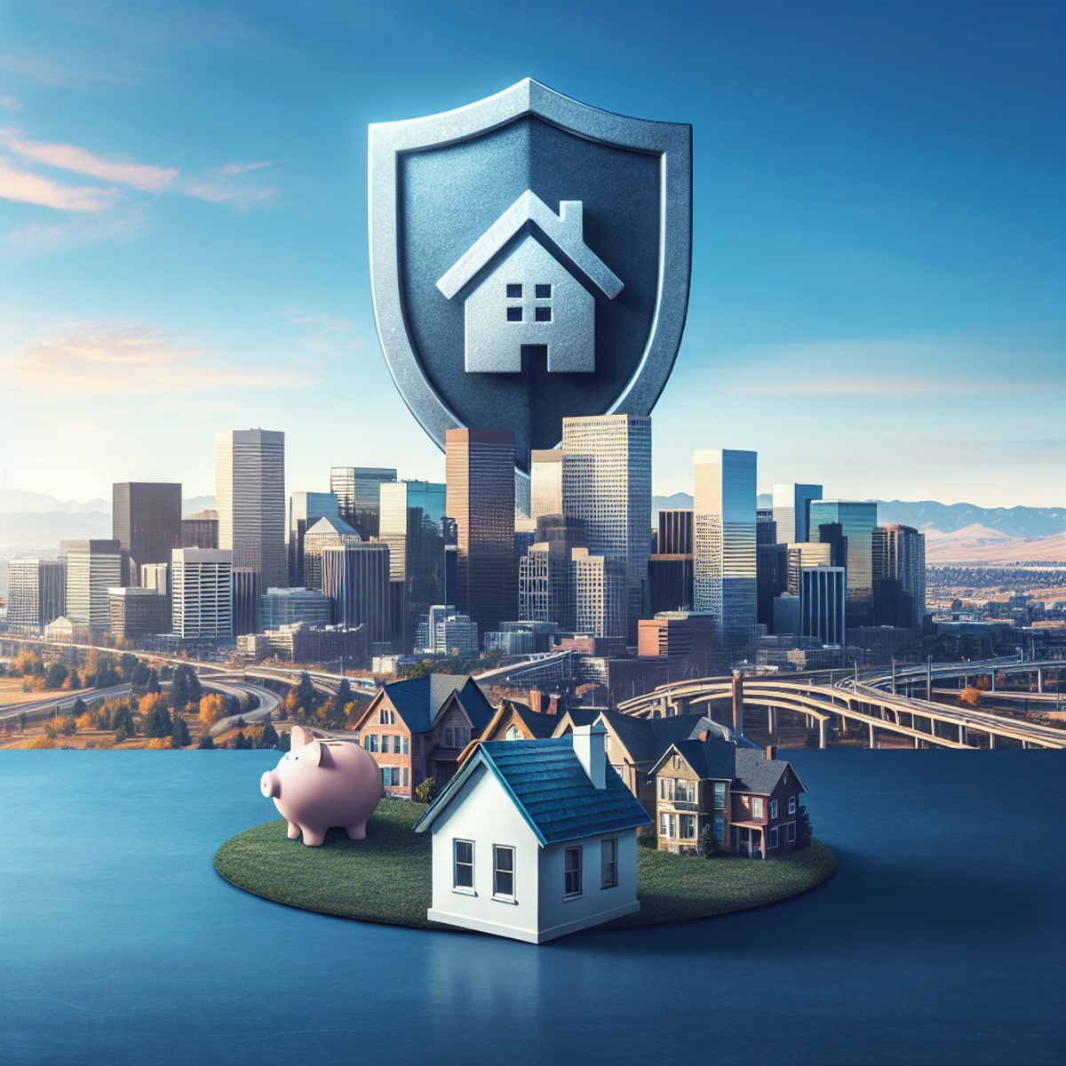 Alt text: A clear blue sky over the Denver skyline with a small house and piggy bank subtly integrated into the cityscape, symbolizing affordable home insurance and financial protection.
