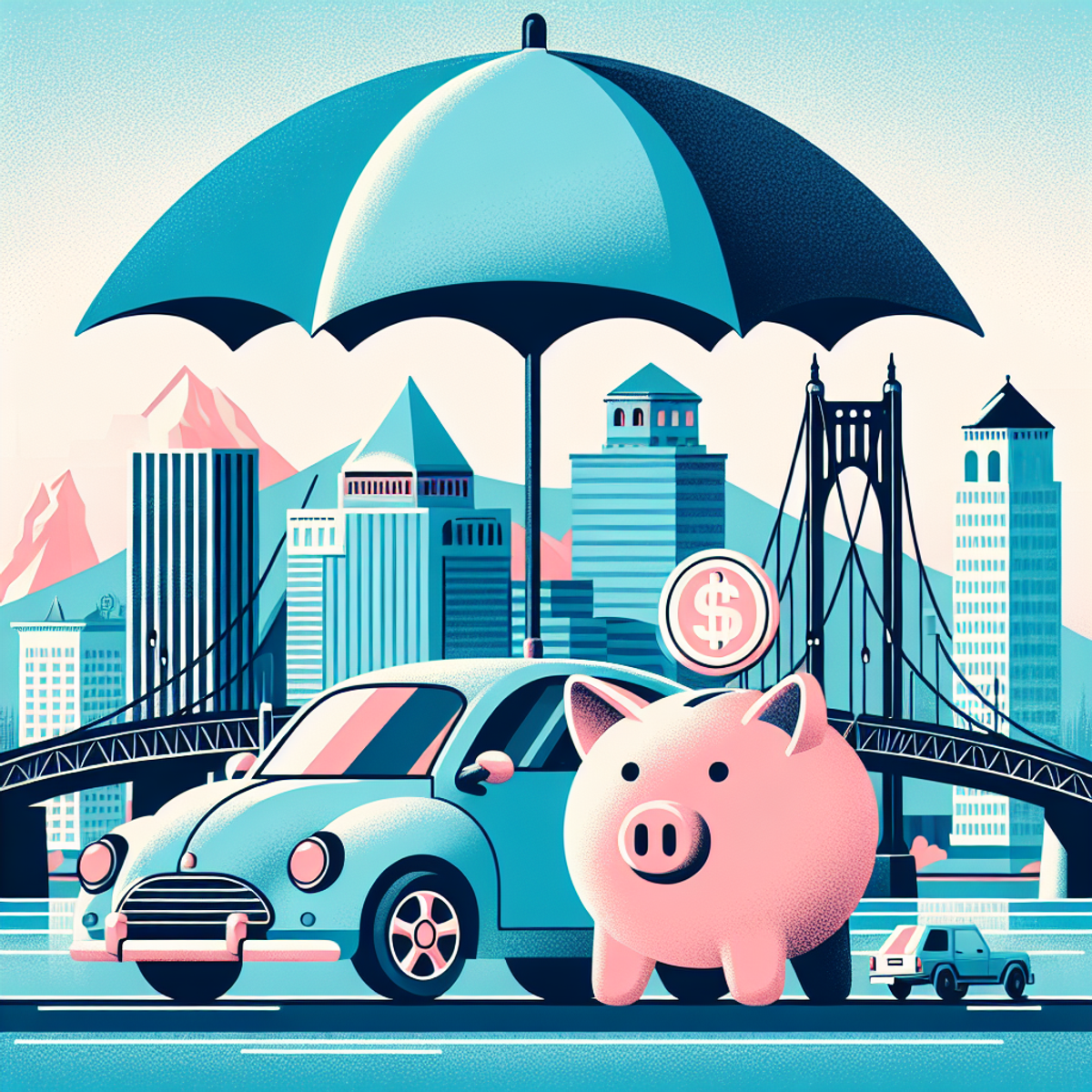 An image of a protective umbrella sheltering a miniature car and a piggy bank against the backdrop of the Portland cityscape, including the Burnside Bridge and Mt Hood.
