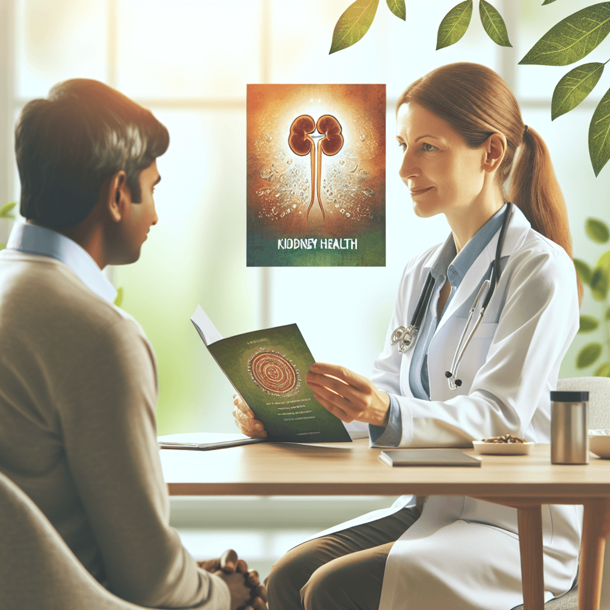 Chronic Kidney Disease Treatment 2 A Caucasian female doctor discusses Ayurvedic treatments for kidney health with a South Asian male patient in a bright, welcoming clinic. The doctor holds a brochure, and the background features symbolic elements like leaves and herbs, emphasizing holistic healing.