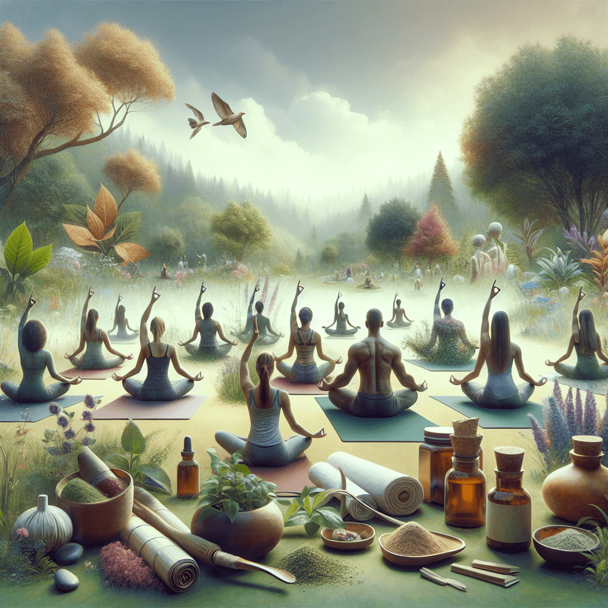 Chronic Kidney Disease Treatment 3 A serene outdoor scene featuring a diverse group of individuals practicing yoga on a grassy area surrounded by lush greenery. The group includes Caucasian, Asian, and Hispanic men and women in various yoga poses, each absorbed in their own peaceful practice. Soft sunlight filters through the trees, creating a warm and inviting atmosphere. In the background, small pots of Ayurvedic herbs like tulsi and mint are placed alongside wellness products such as essential oils and herbal teas, subtly promoting a holistic health theme. The overall ambiance exudes tranquility and harmony with nature.