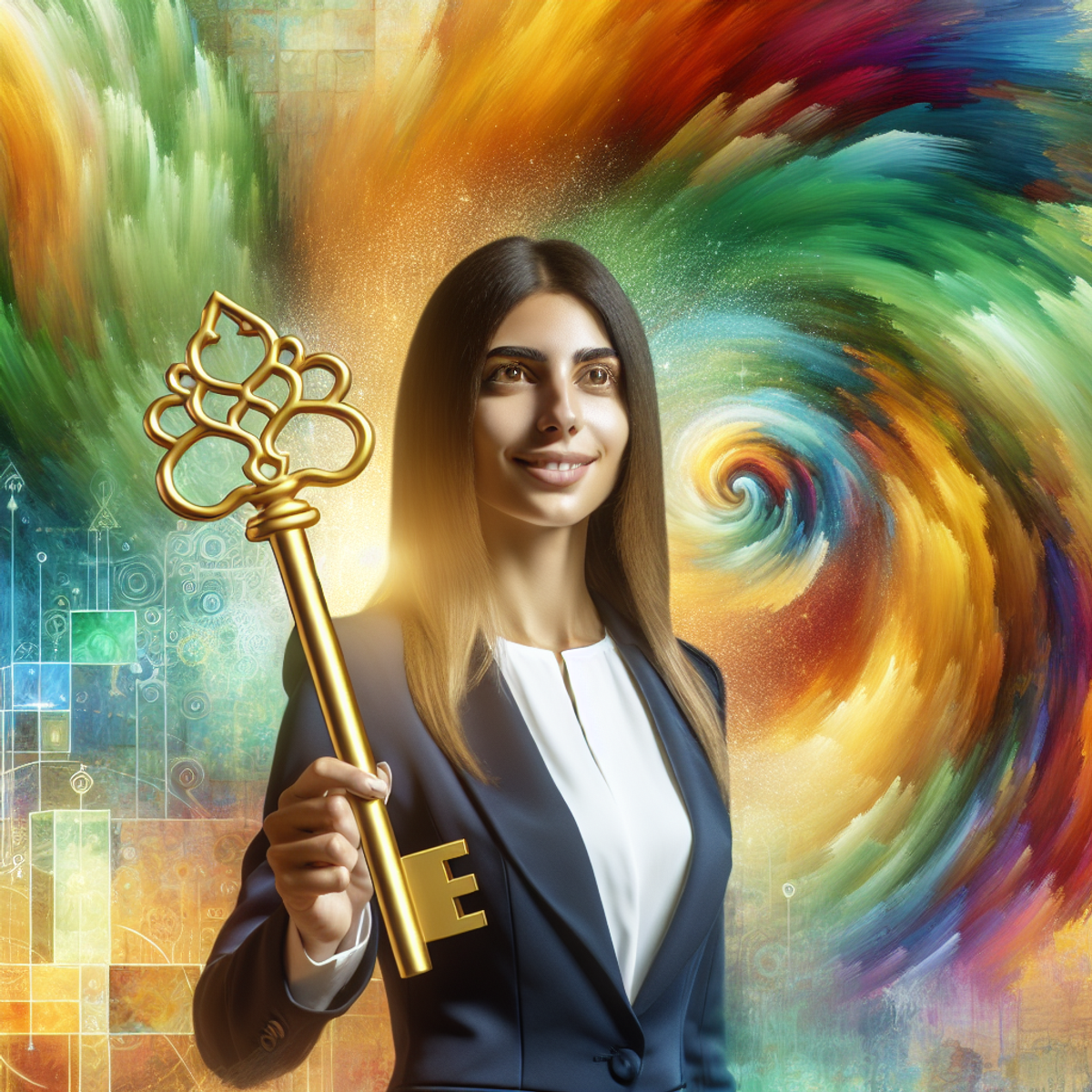 A confident Middle-Eastern female entrepreneur holding a golden key with a vibrant, abstract background.