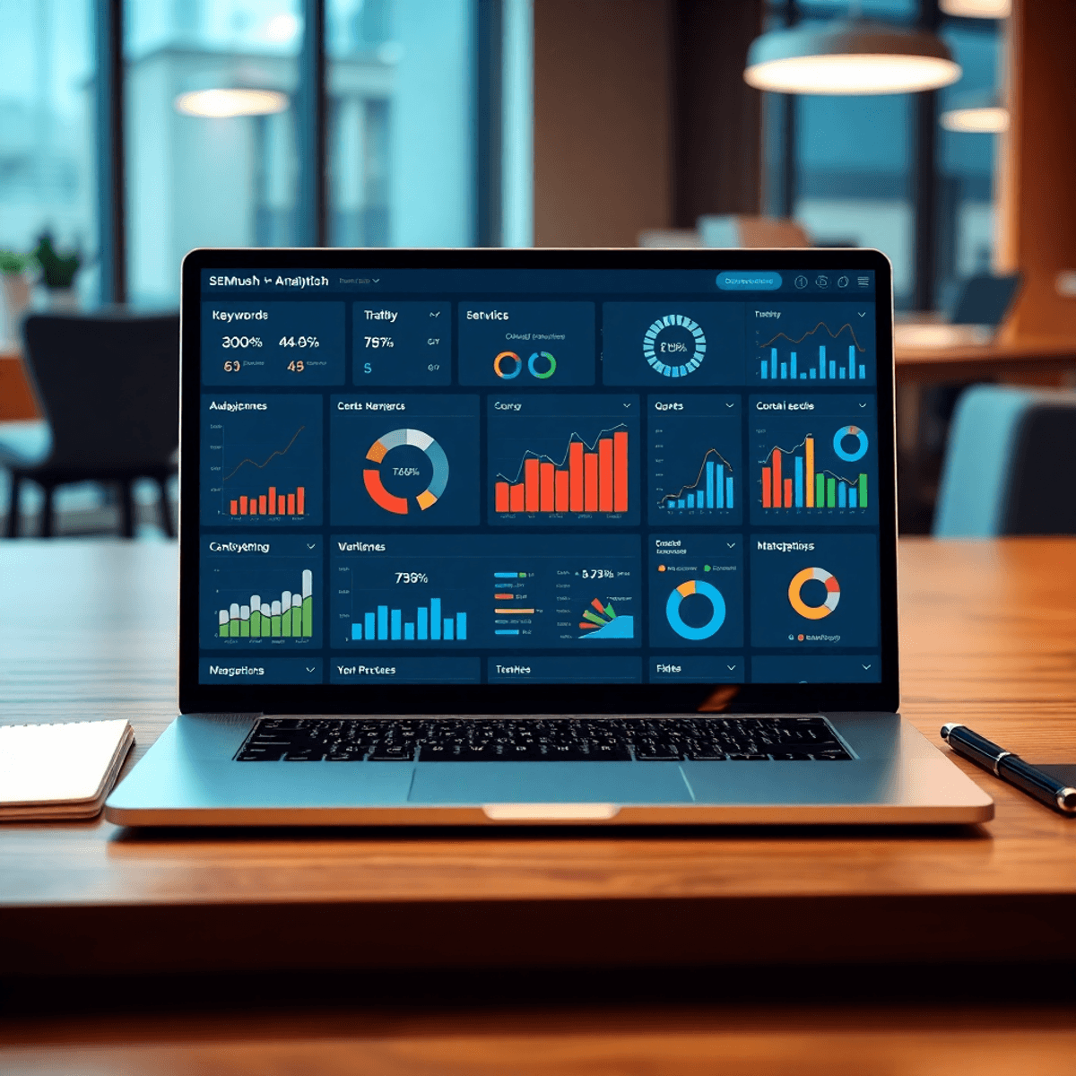 A digital marketing dashboard showcasing analytics and graphs, with keyword metrics, competitor analysis, and social media stats in a modern office setting.