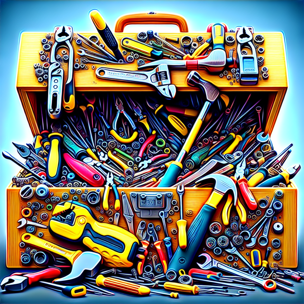 A toolbox overflowing with vibrant tools, symbolizing the diversity and functionality of Python's Standard Library.