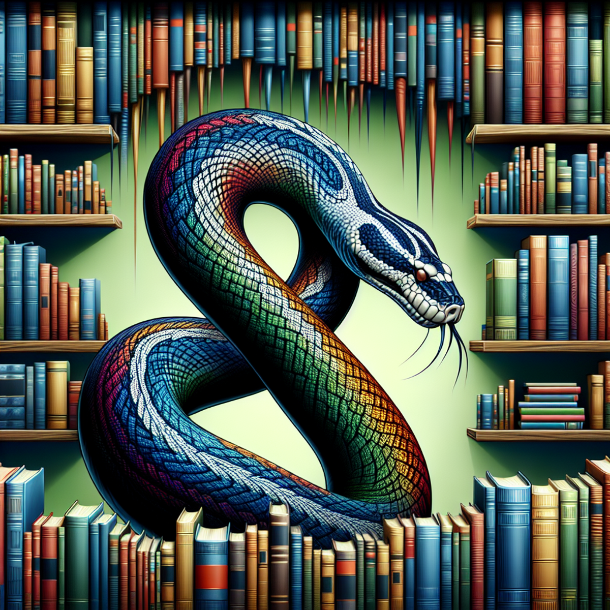 A large python snake coils around a library bookshelf filled with colorful books.