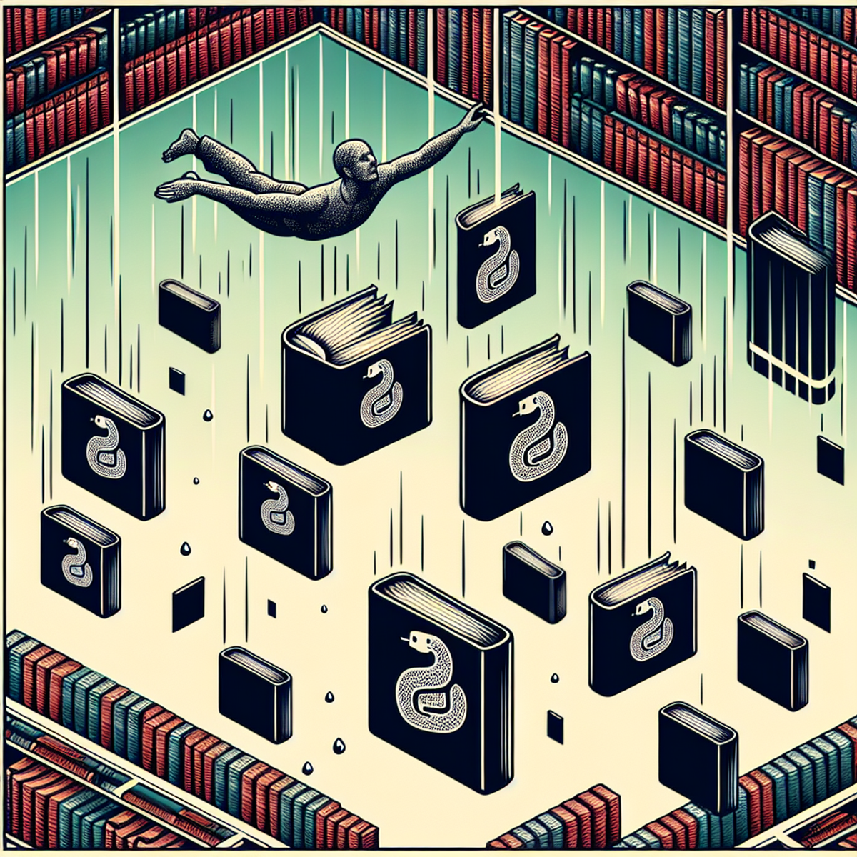 Person mid-dive towards a pool filled with rectangular books, each bearing the Python programming language symbol of two interlocking snakes.