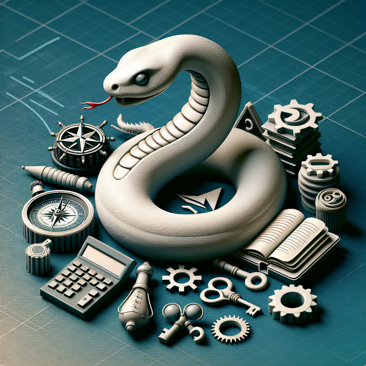 Snake coiled around compass, book, calculator, key, and gears symbolizing programming language capabilities.