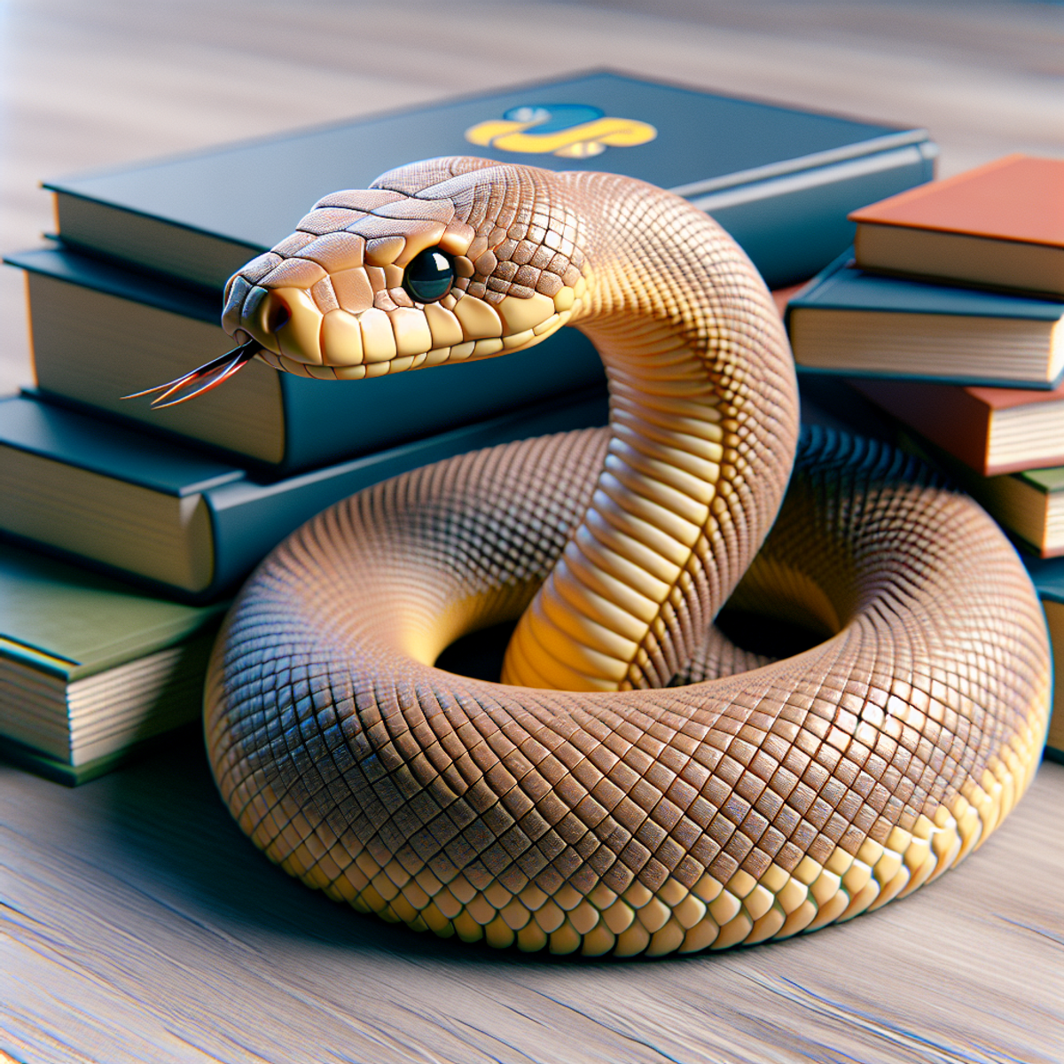 A python snake coiled around a stack of assorted books.