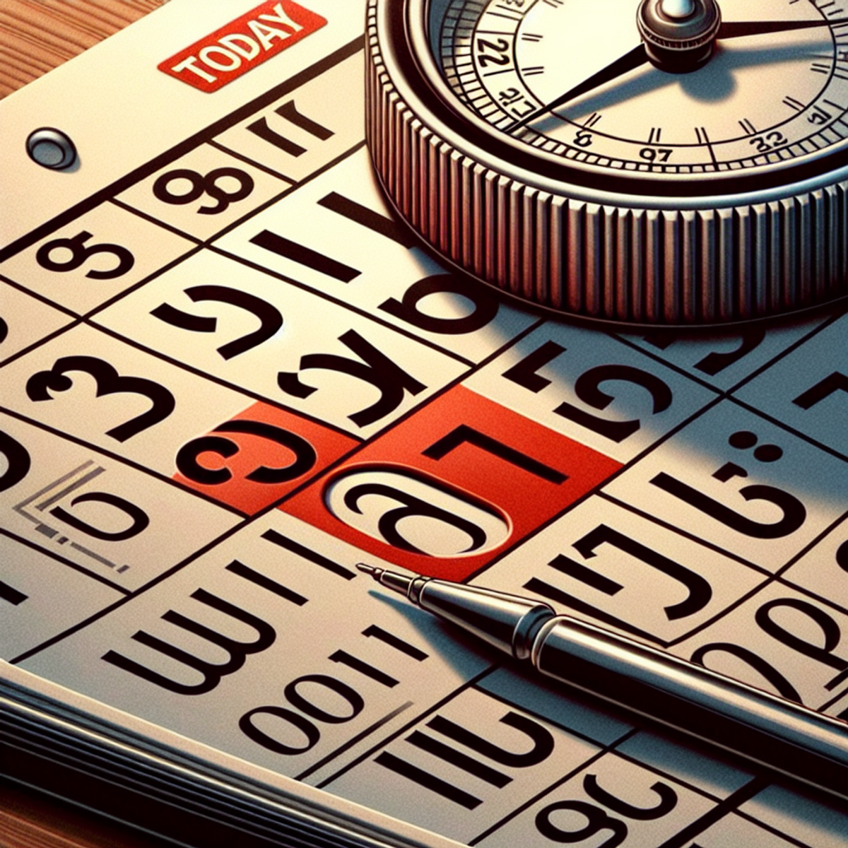 A close-up image of a calendar with today's date prominently marked by a red circle, accompanied by a timepiece showing the current time with two hands.